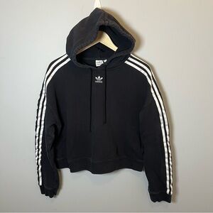 Adidas Cropped‎ Hoodie Women’s L Black 3 Stripe Sweatshirt Pullover Workout Gym
